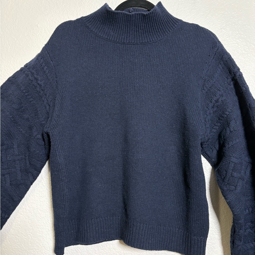 Joie Navy Blue Ribbed Sweater w Cable Knit Balloon Sleeves. Wool/Yak Hair. M